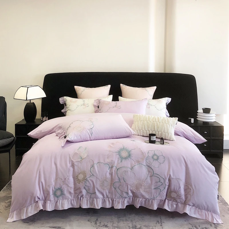 （安妮花园-紫）全棉轻奢高档刺绣四件套床上用品