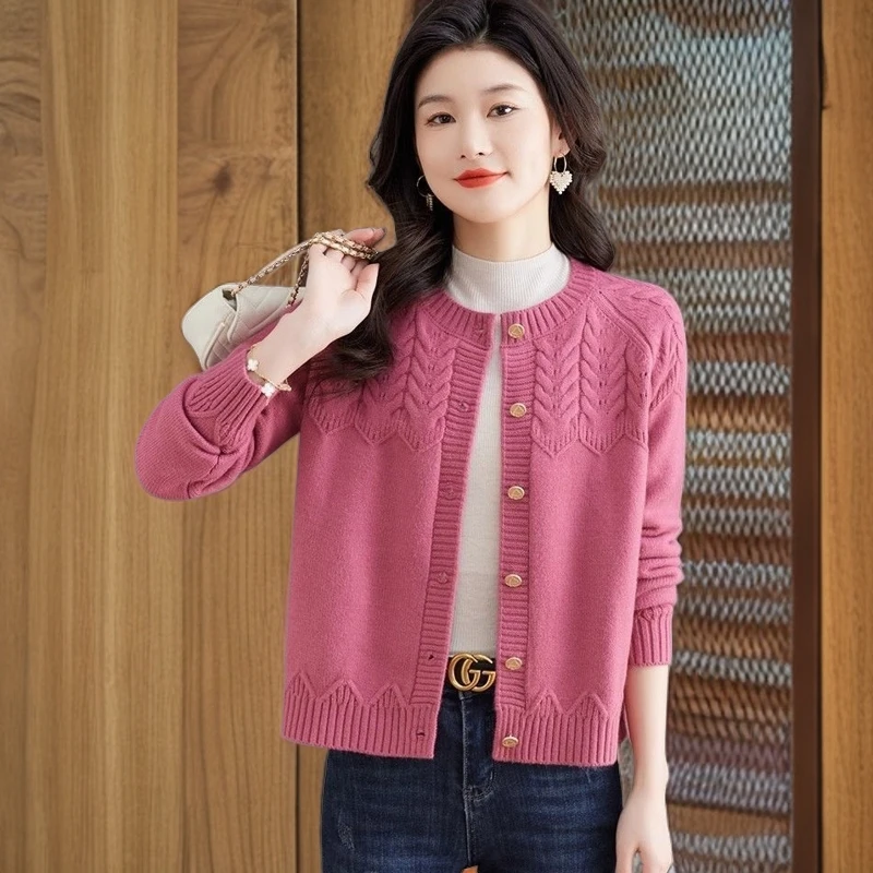 2024秋季新款圆领针织衫开衫女提花宽松洋气百搭短款毛衣外套上衣