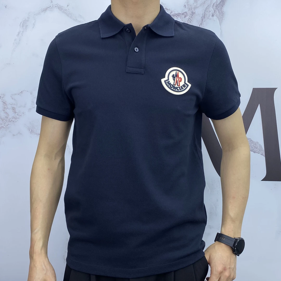 蒙扣男士蓝色时尚休闲翻领短袖8A71100-84556-773
