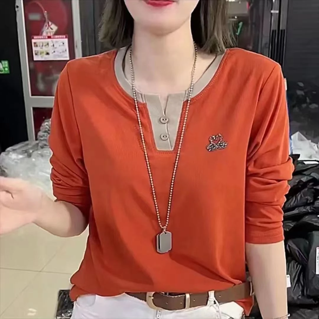 【原版现货】爆款V领黑天鹅烫钻正肩T恤时尚洋气遮肚外穿长袖上衣