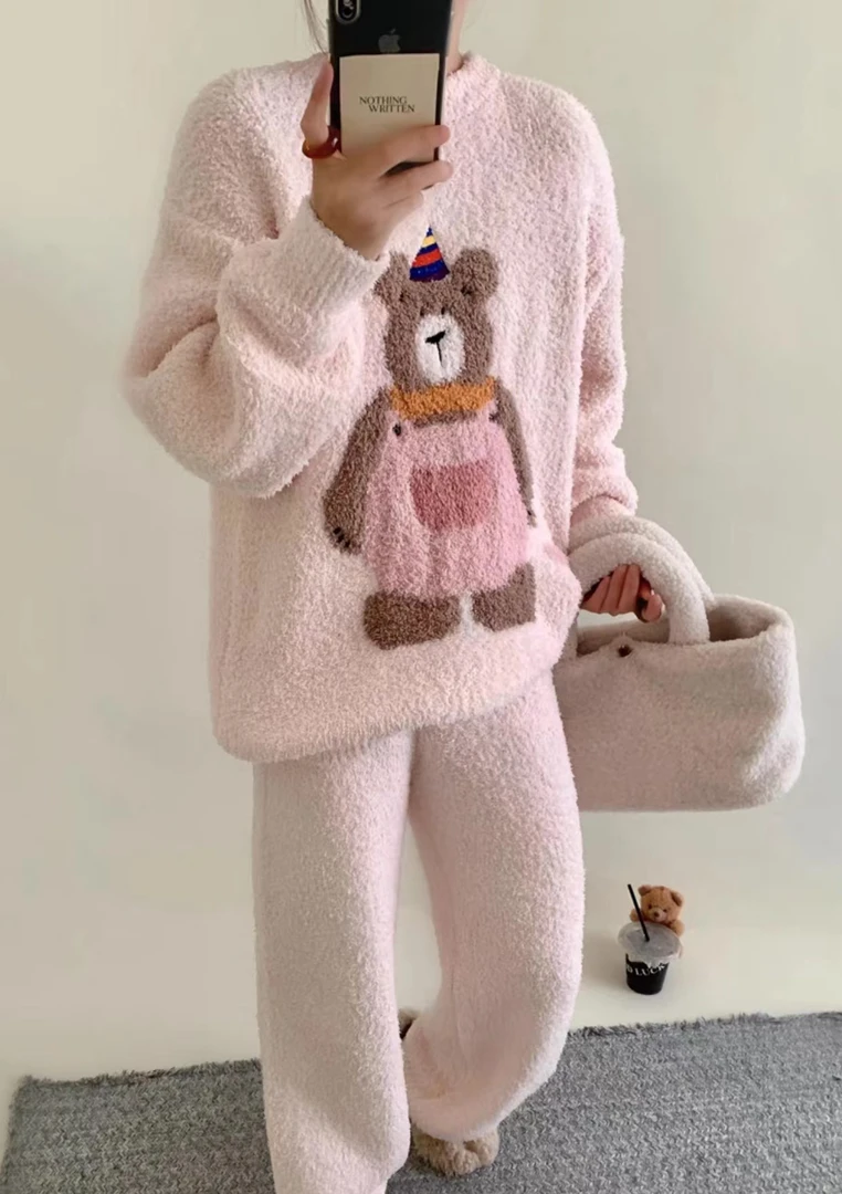 【粉色尖帽熊】 针织高密半边绒冬季新款保暖宽松家居服套装