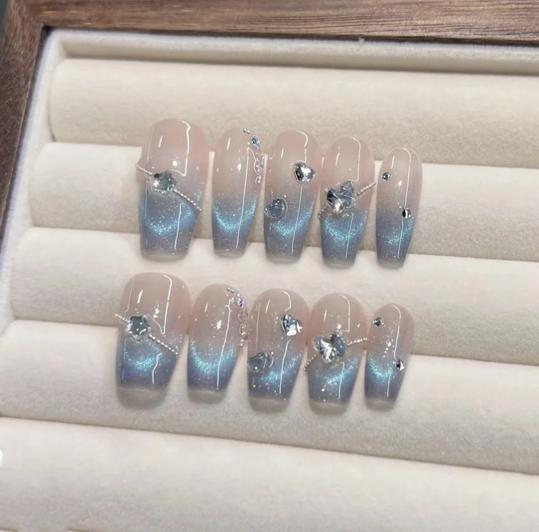 【海洋之心】手工穿戴显白高级感碎钻猫眼美甲