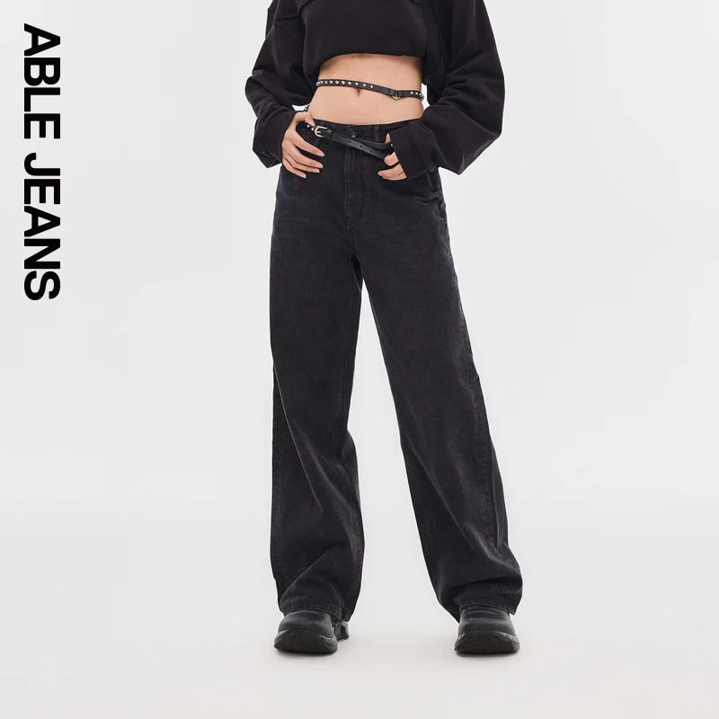 ABLEJEANS【拖地裤】女士高腰直筒阔腿牛仔裤女黑色春秋秋季设计感