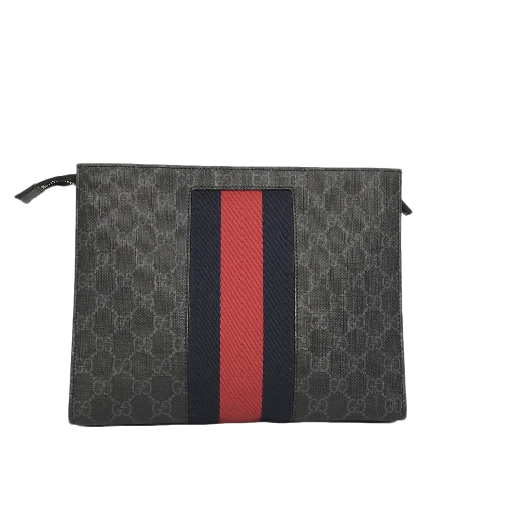 95新 GUCCI/古驰 op系列老花手拿包/1435号男士黑色大号条纹经典