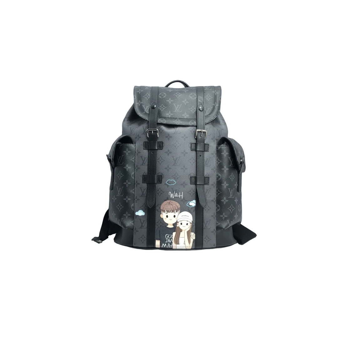 99新 LouisVuitton/路易威登 97新 黑花双扣双肩包/3450号男士