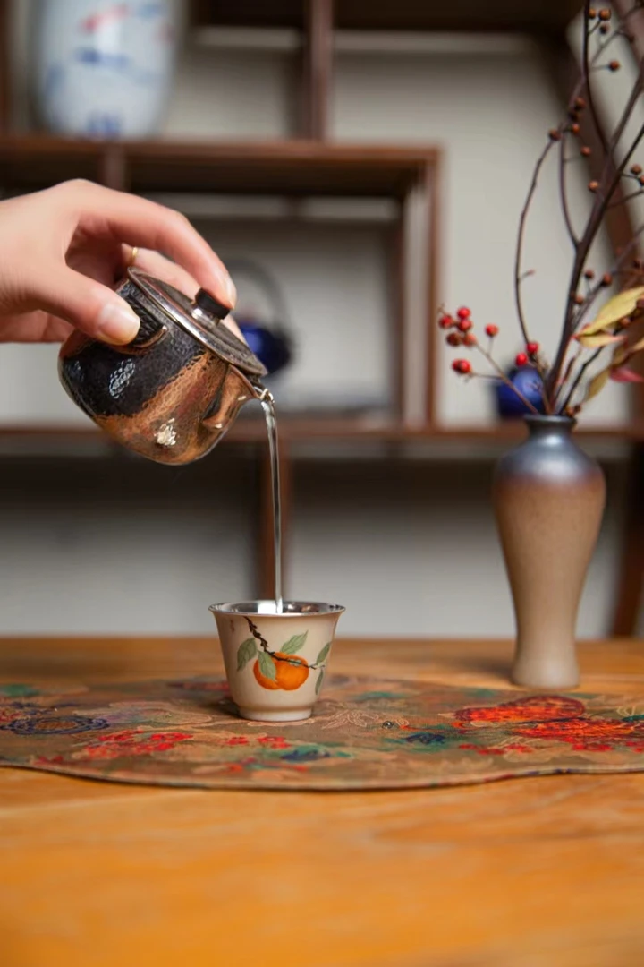 墨着 事柿如意包银杯 纯银999 茶道器具 主人杯  家用 41g