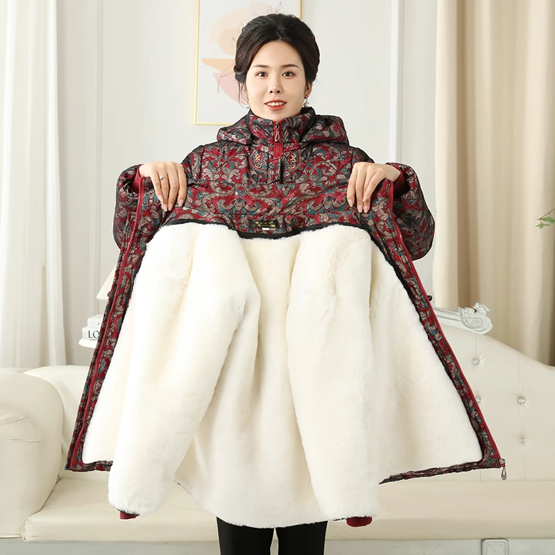 羊皮皮毛一体外套中老年冬天碎花棉袄中长款加厚羊毛拆卸