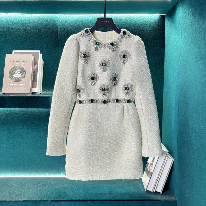 【CENFUN】法式圆领钉珠镶钻显瘦连衣裙E031147