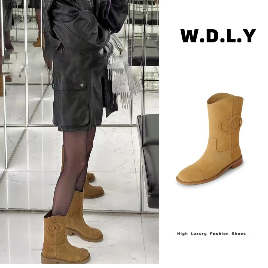 MCL小香风牛反绒真皮短靴复古时尚气质骑士靴中筒靴高筒长筒英伦