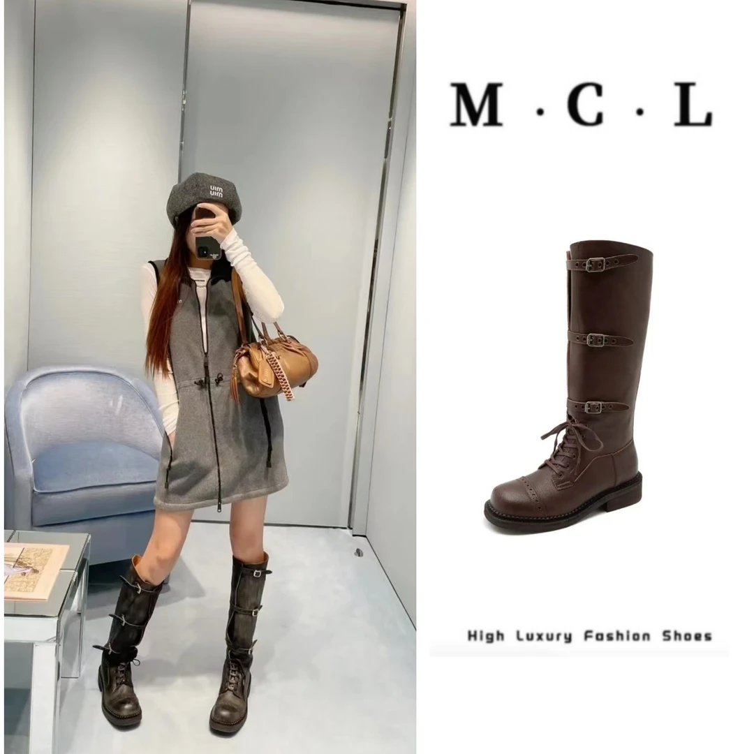 MCL 真皮牛皮骑士靴真皮长筒靴英伦风靴子靴子圆头秋冬过膝中筒