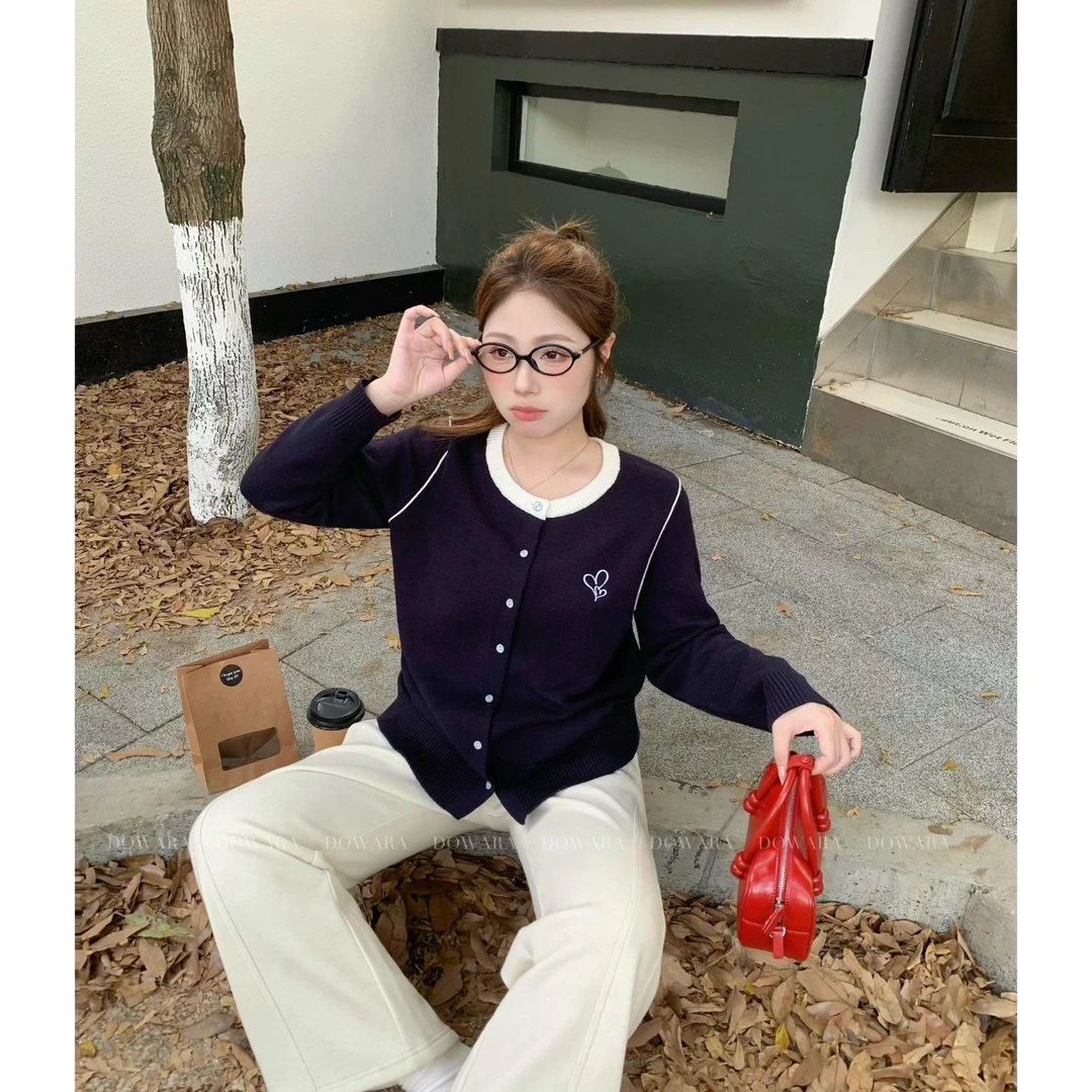 现货大婉酱肉肉微胖定制休闲双爱心刺绣明线双肩走线针织衫7476D