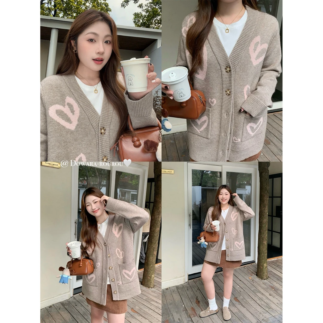 现货大婉酱肉肉定制V领爱心保暖时尚韩系宽松长袖毛针织衫7121D