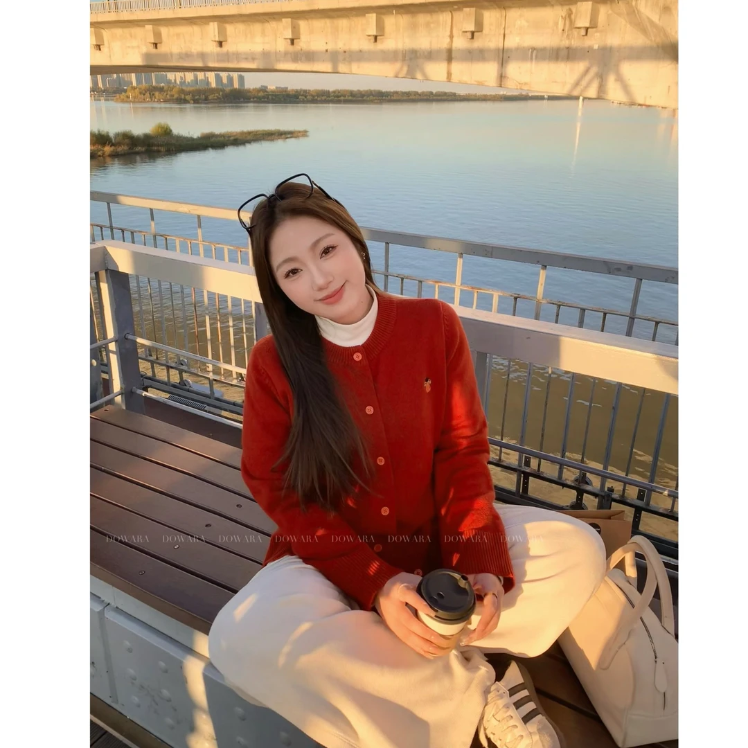 现货大婉酱肉肉微胖定制韩系螺纹领口直下摆显瘦针织开衫5898D