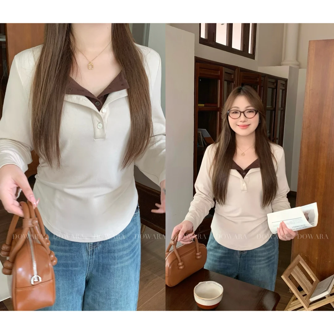 现货大碗酱肉肉微胖定制撞色拼接假两件T恤秋季新款长袖上衣7238D