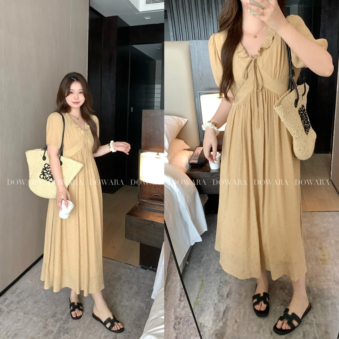 大婉酱微胖定制茶歇V领碎花连衣裙女夏季显瘦轻熟风气质长裙5001D