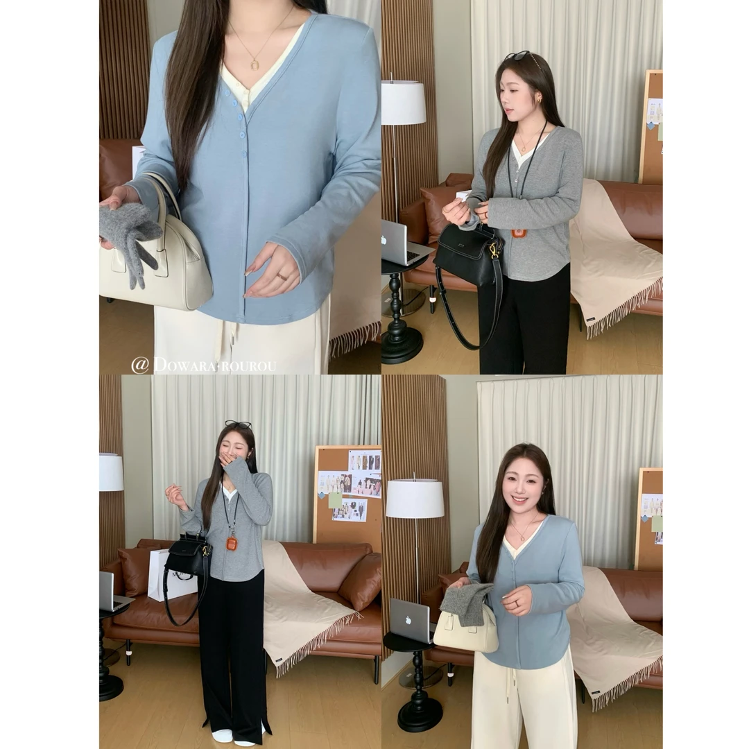 现货7447D大婉酱肉肉微胖定制V领假两件宽松设计感长袖针织上衣