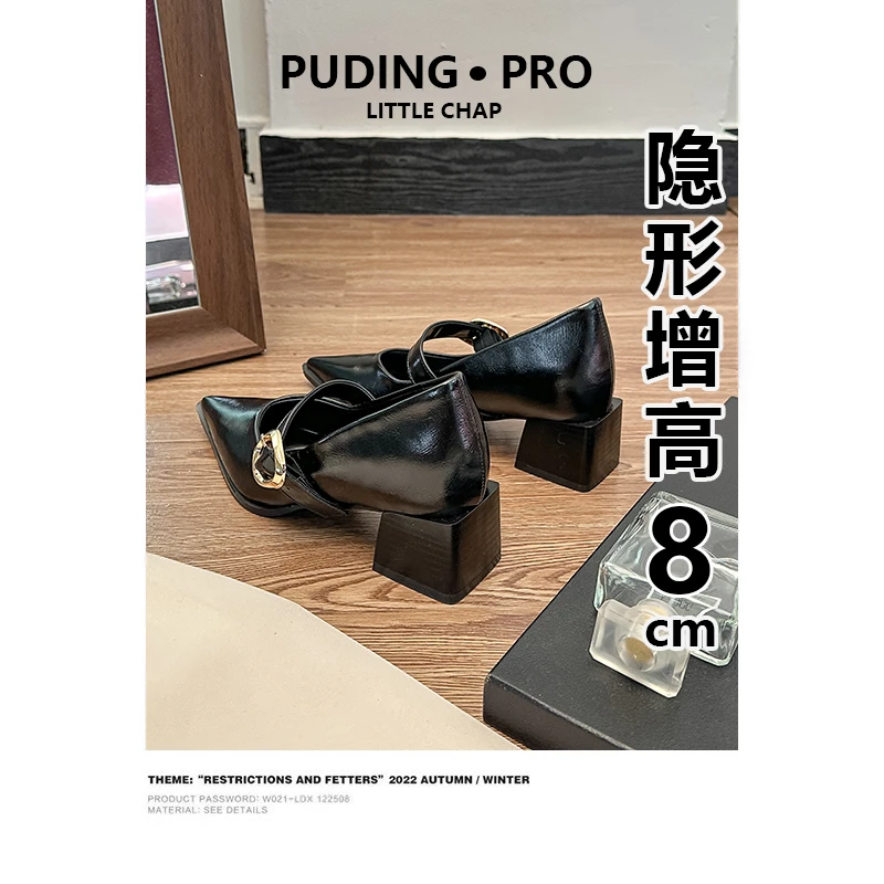 欧若风~尖头内增高玛丽珍单鞋女2025新款春秋粗跟小个子高跟鞋子