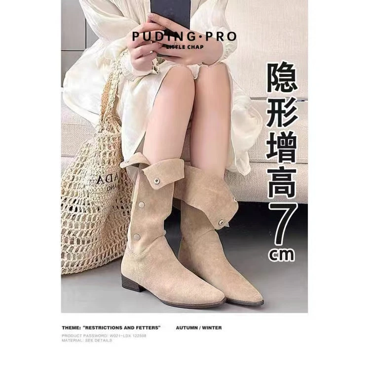 内增高小个子靴子~西部牛仔靴女堆堆靴2025春秋复古尖头骑士靴子