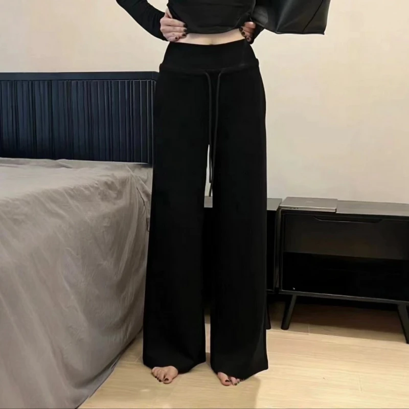 2024新款高腰慵懒松弛感卫裤抽绳休闲拖地直筒长裤女