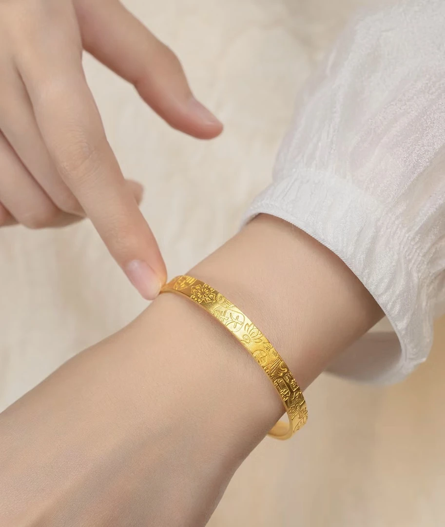 足银手镯 【晶灵珠宝】开口吉言古法手镯足银外包了金（卡8m/9m）女款