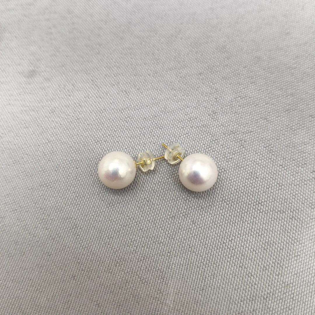 【天女粉】10-11mm正圆白透粉18k金针特选极光珍珠耳钉
