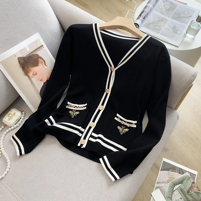 H3472小香风黑色针织开衫秋冬新款拼色外搭法式显瘦毛衣外套上衣