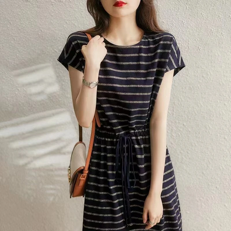 5321夏季2024新款简约百搭T恤裙条纹撞色连肩袖系带收腰连衣裙