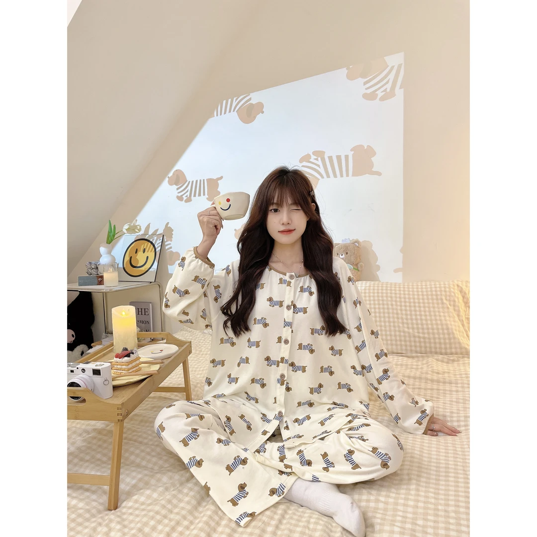 动物乐园纯棉秋冬季长袖开衫学生睡衣ins宽松大码韩版可爱家居服