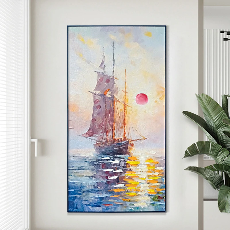 砂岩油画日出帆船玄关背景墙装饰画现代餐厅客厅壁画船80160