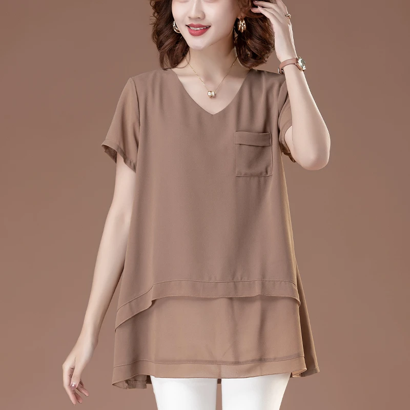 加肥加大雪纺衫女夏季新款韩版宽松时尚遮肚子显瘦V领上衣小衫