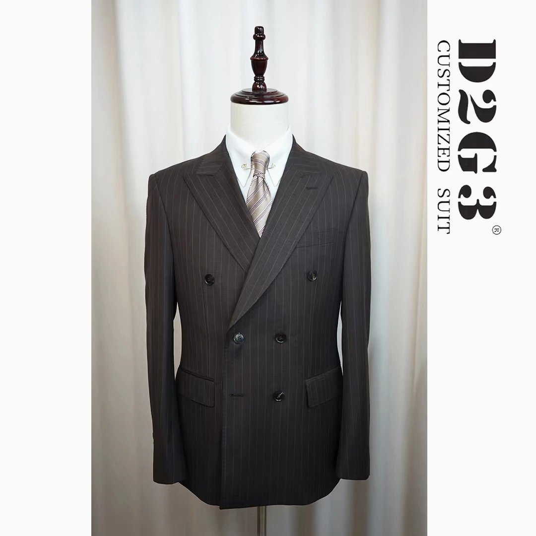 【套装】四季男士西装套装双排扣绵羊毛咖色条纹西装男修身AXZ0698