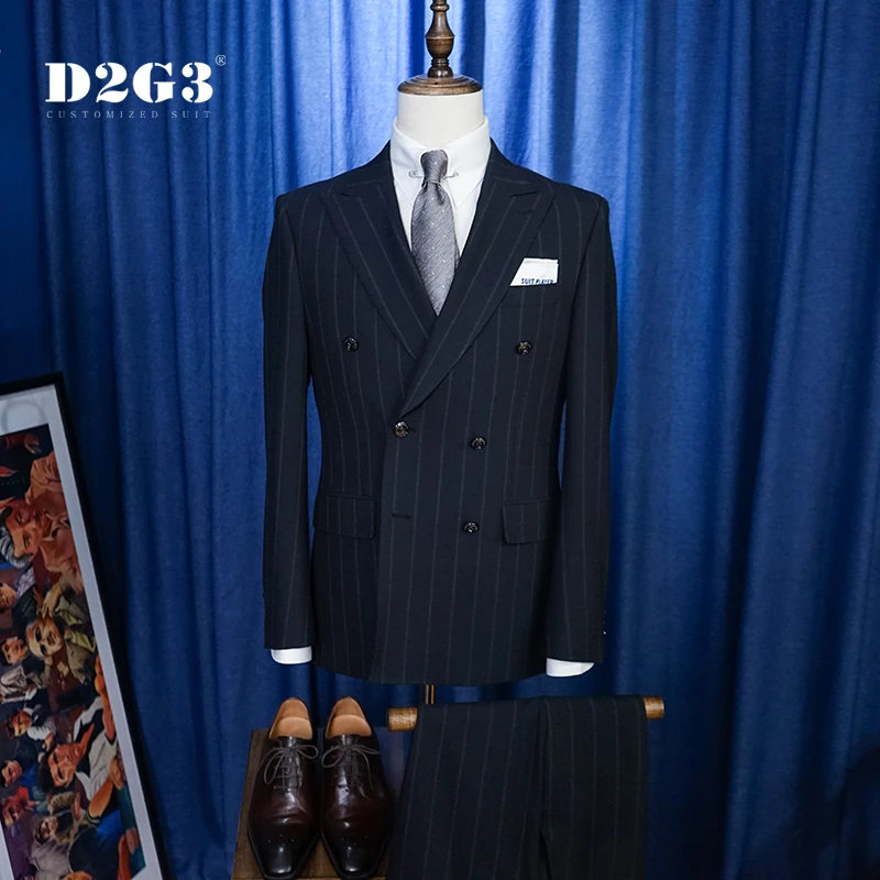 【套装】意式复古蓝黑色条纹双排扣西服套装戗驳领秋冬款22XZ307