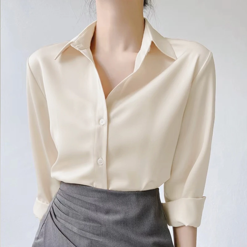 轻奢缎面衬衫女长袖气质洋气设计感小众开衫衬衣百搭显瘦白色上衣