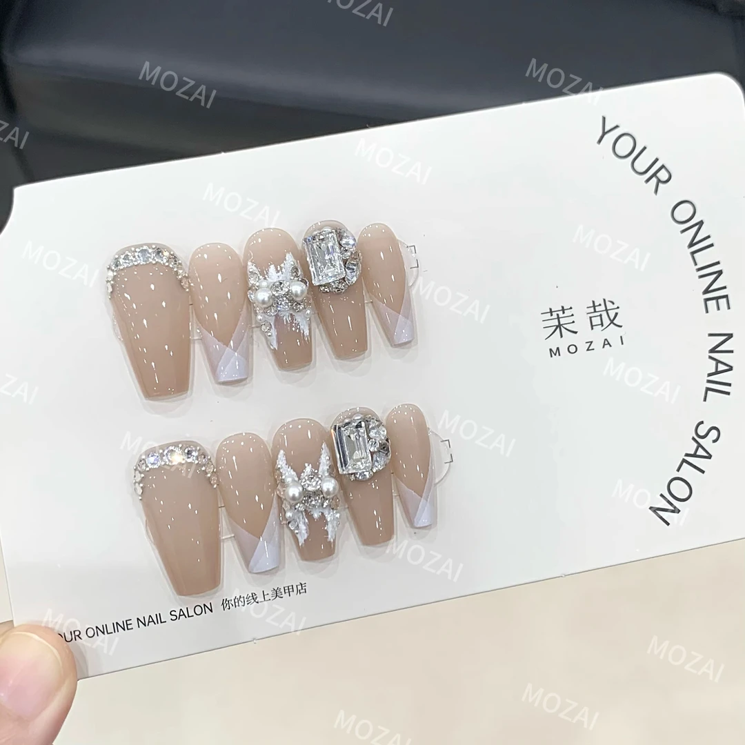 茉哉KK高定【施家全华/漫月白茶】纯手工定制美甲拆卸穿戴甲A3164