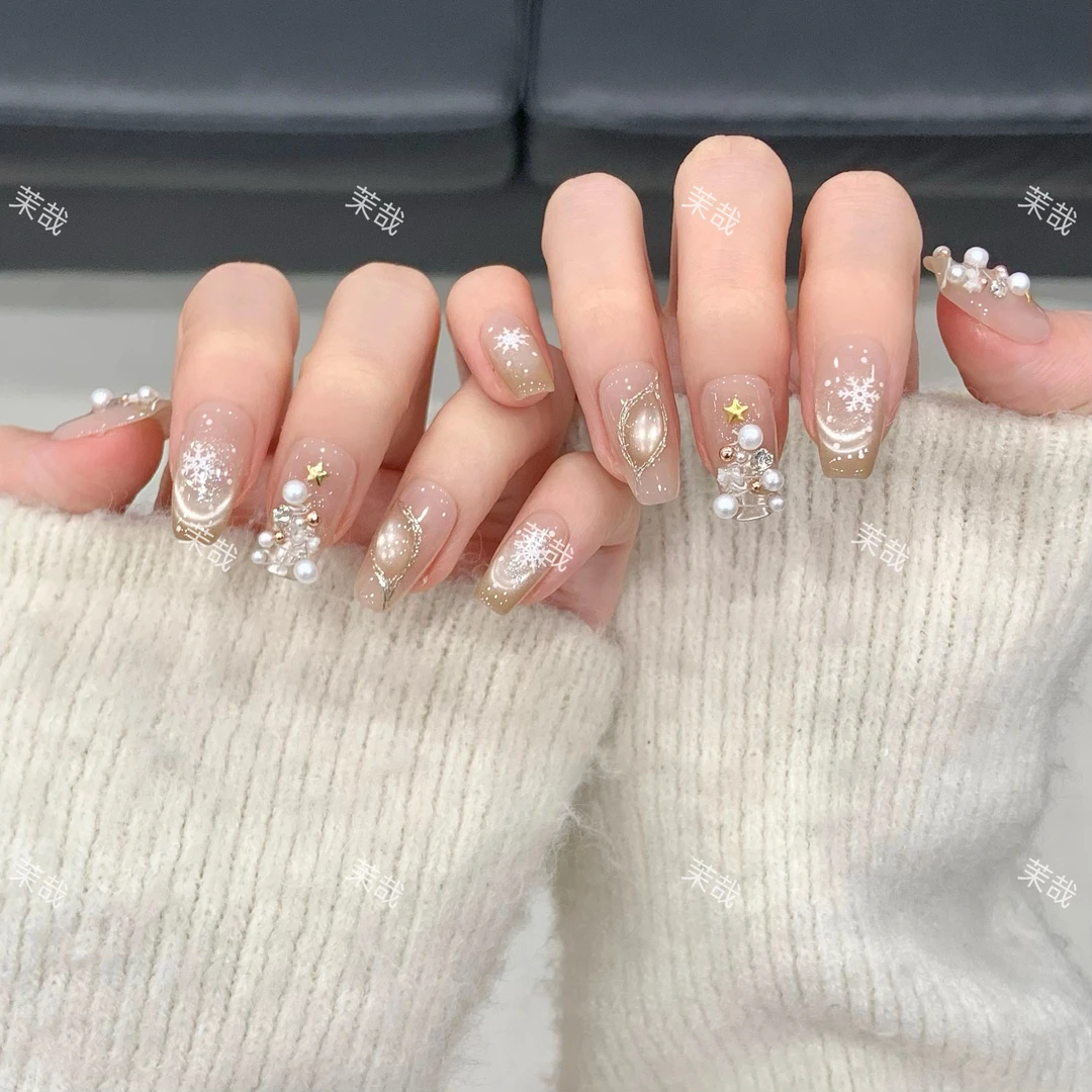 茉哉【冬季雪夜】孤纯手工定制美甲拆卸穿戴甲A3464