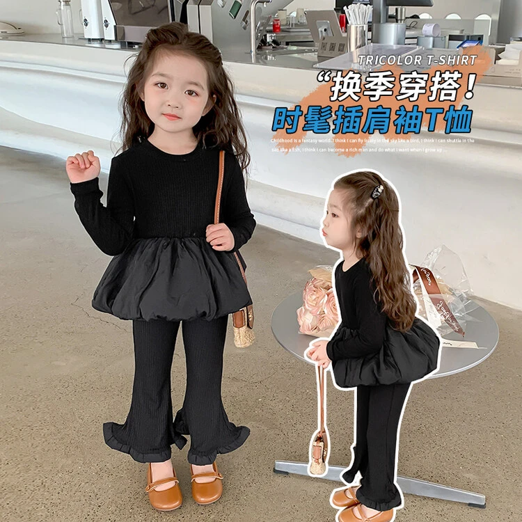 2024新款春装黑色泡泡下摆套装春秋长袖小香风爆款女孩小童拜年服