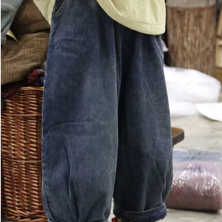 2024冬季新款牛仔棉裤24581休闲百搭复古松紧腰条纹内里