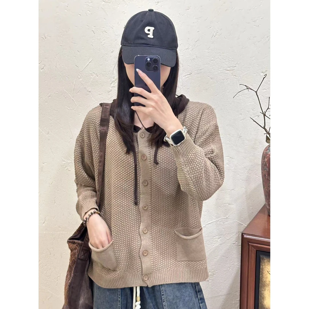 2024时尚百搭连帽长袖针织开衫菠萝纹帽子拼色棉线外套242291