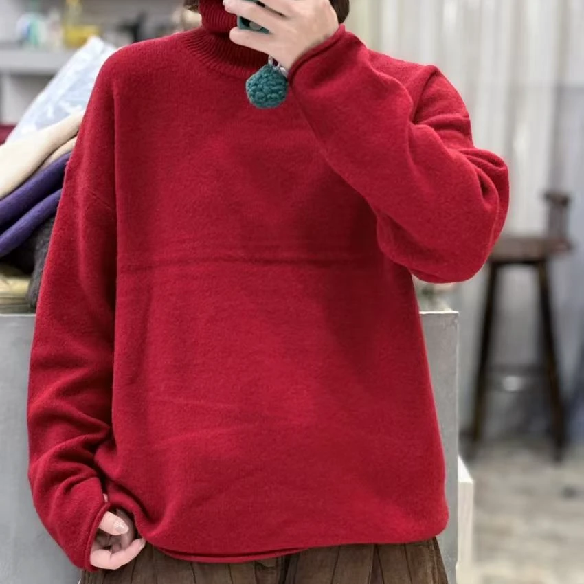 2024秋冬新款时尚百搭针织加厚高领羊毛卷边堆堆领毛衣248816
