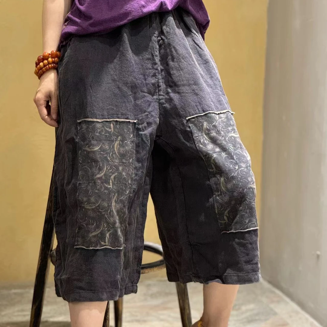 2024夏季新款宽松复古文艺休闲百搭拼接做旧松紧腰休闲裤245598