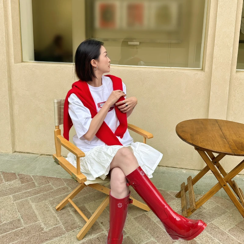 星花惠灵顿雨靴女户外保暖搭子防水雨鞋骑士靴高筒时尚女士硬雨靴