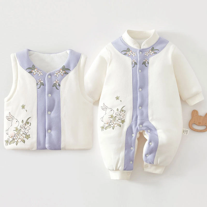 冬季国风玉兔套装婴幼儿120g纯棉连体衣冬装加厚新生儿衣服新中式