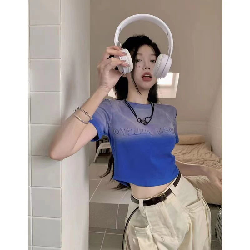 纯色渐变正肩短袖t恤女夏美式复古修身短款纯欲辣妹短款上衣夏款