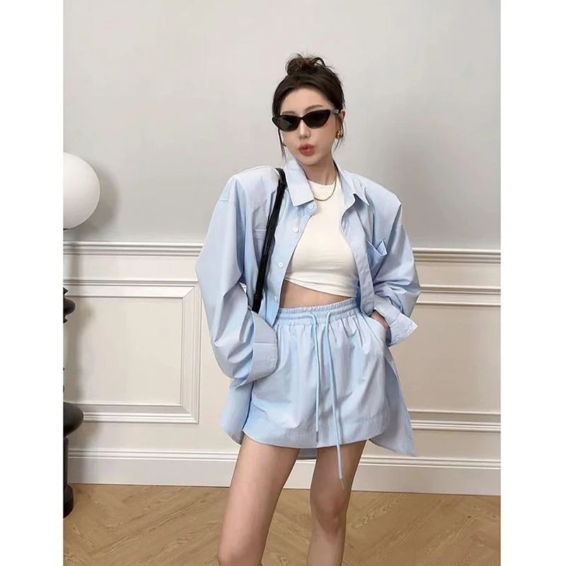 2025新款春夏韩版设计感宽松休闲长袖纯色防晒衬衫+短裙两件套装