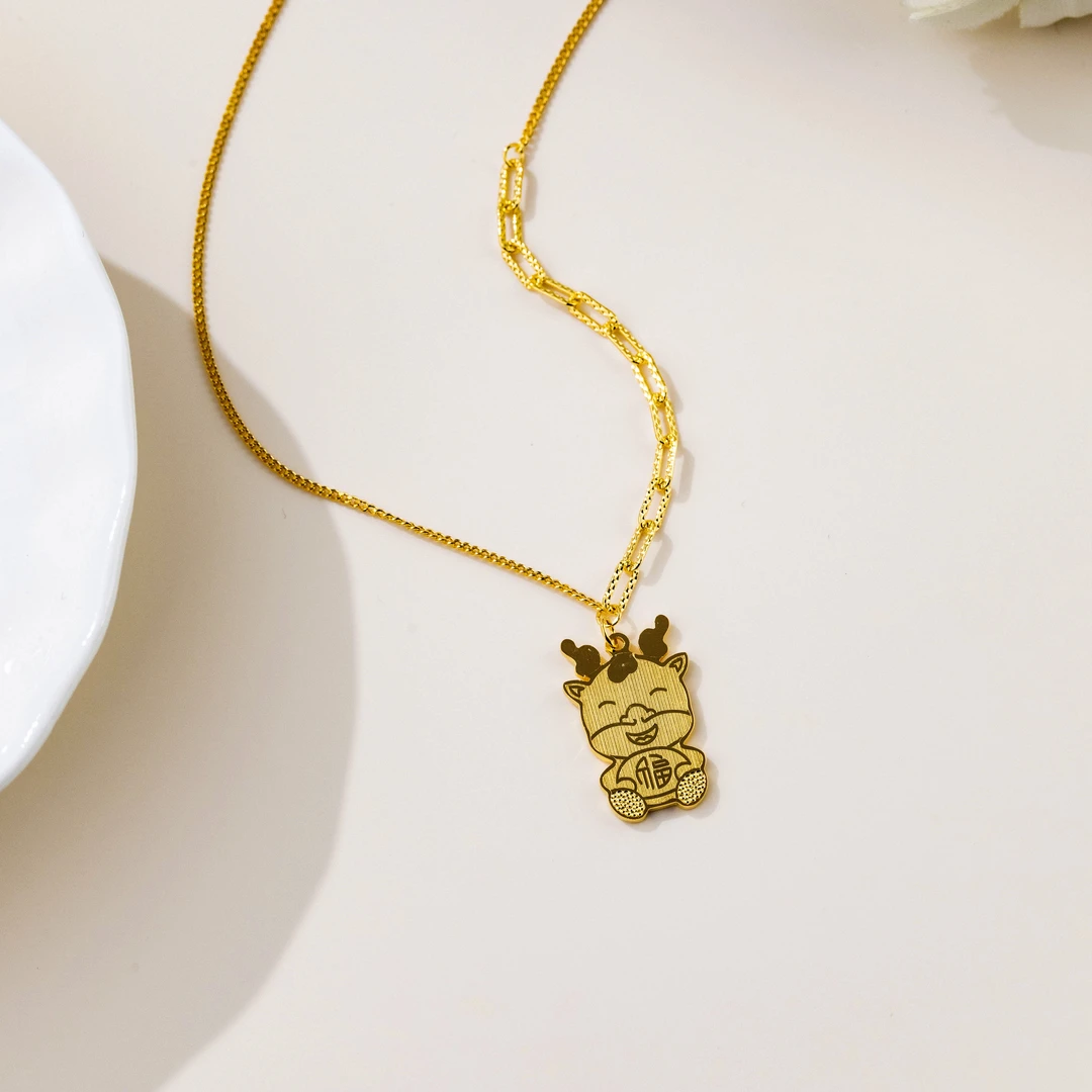 格格银楼 坠链均925银 金色福字龙牌项链百搭气质简约可爱个性