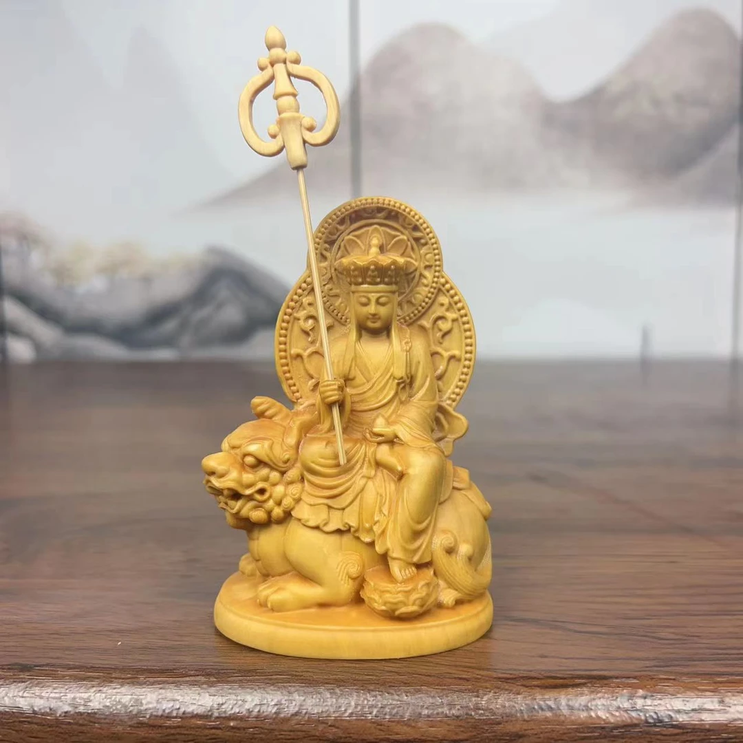 黄杨木雕骑兽地藏摆件木制雕刻工艺品谛听地藏王菩萨实木车载摆件