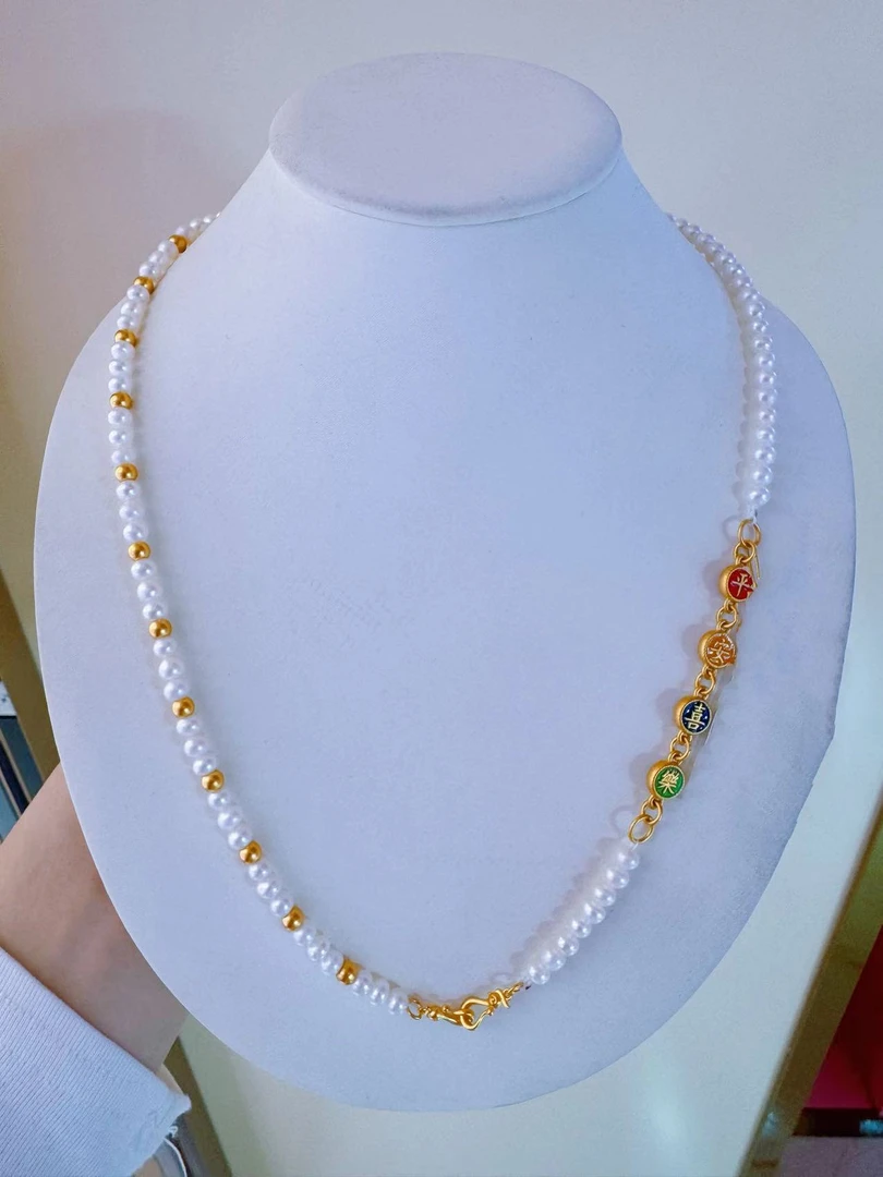 【老朱黄金】百搭手工时尚气质轻奢优雅中古彩色拼接淡水珍珠长链
