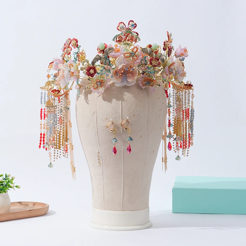 8022秀禾服新娘汉服马面裙订婚结婚新娘头饰套装复古红色婚礼