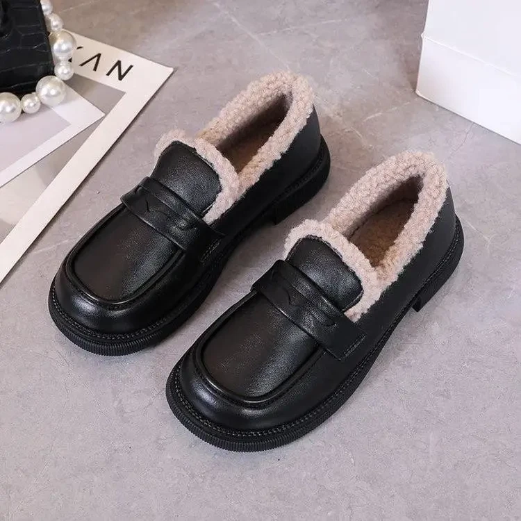 豆豆鞋冬季加绒软底工作鞋一脚蹬简约时尚百搭小皮鞋英伦风乐福鞋