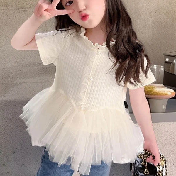 女童休闲短袖拼接网纱夏季纯色休闲短袖薄款宝宝洋气儿童节小女孩